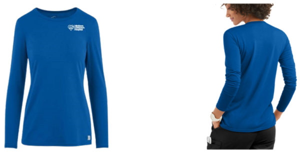 A blue long sleeve shirt with white Niclaus Children's Hospital on upper left chest